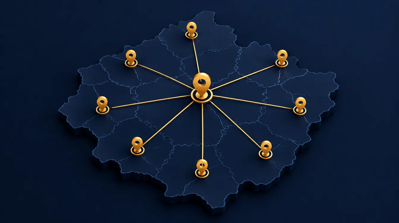 Website design Lincolnshire: county map with town pins connected by gold lines to a central hub