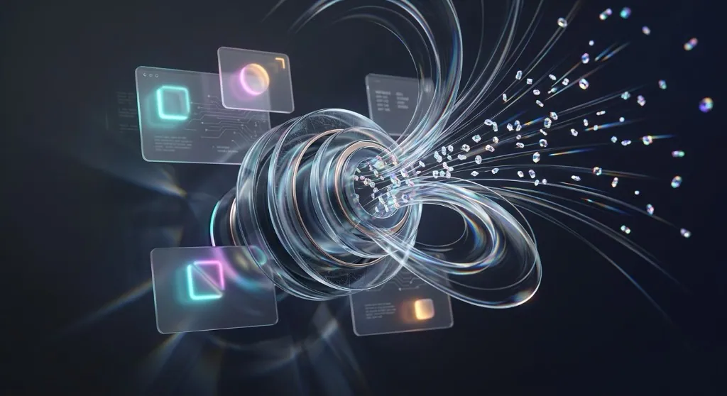 Professional web design Lincolnshire: glass website pages streaming into a glowing vortex of light, representing visitors turning into enquiries