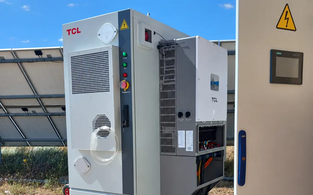 TCL X5 battery storage cabinet installed beside the solar array at an off-grid borehole in Burgos, Spain