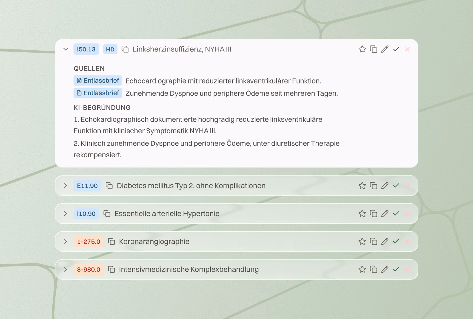 Medizinische Liste mit Diagnosen: Linksherzinsuffizienz, Diabetes Typ 2, Hypertonie, Koronarangiographie, Intensivbehandlung.