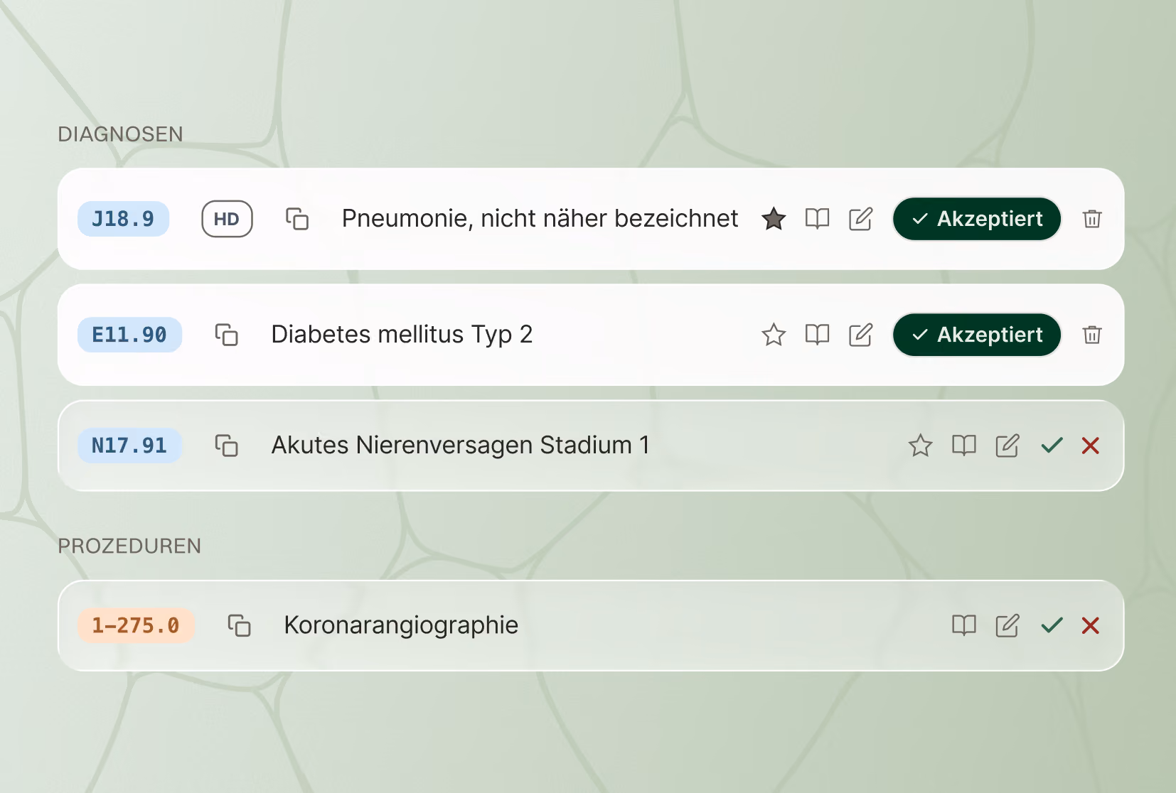 Liste medizinischer Diagnosen und Prozeduren mit Codes und Statusanzeigen auf grünem Hintergrund.