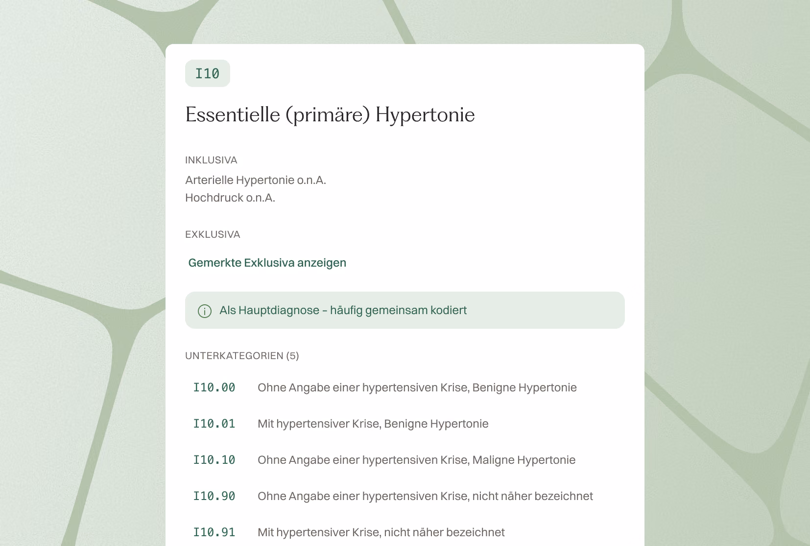 Liste der ICD-10-Codes für essentielle (primäre) Hypertonie, inkl. benigne und maligne Untertypen.