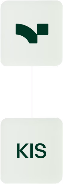 Grünes Symbol über der Abkürzung KIS auf zwei hellen Quadraten verbunden durch eine Linie.
