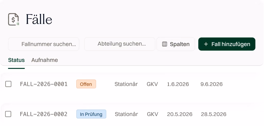 Benutzeroberfläche zeigt Liste von Fällen mit Suchfeldern, Statusfiltern und Buttons zum Hinzufügen.