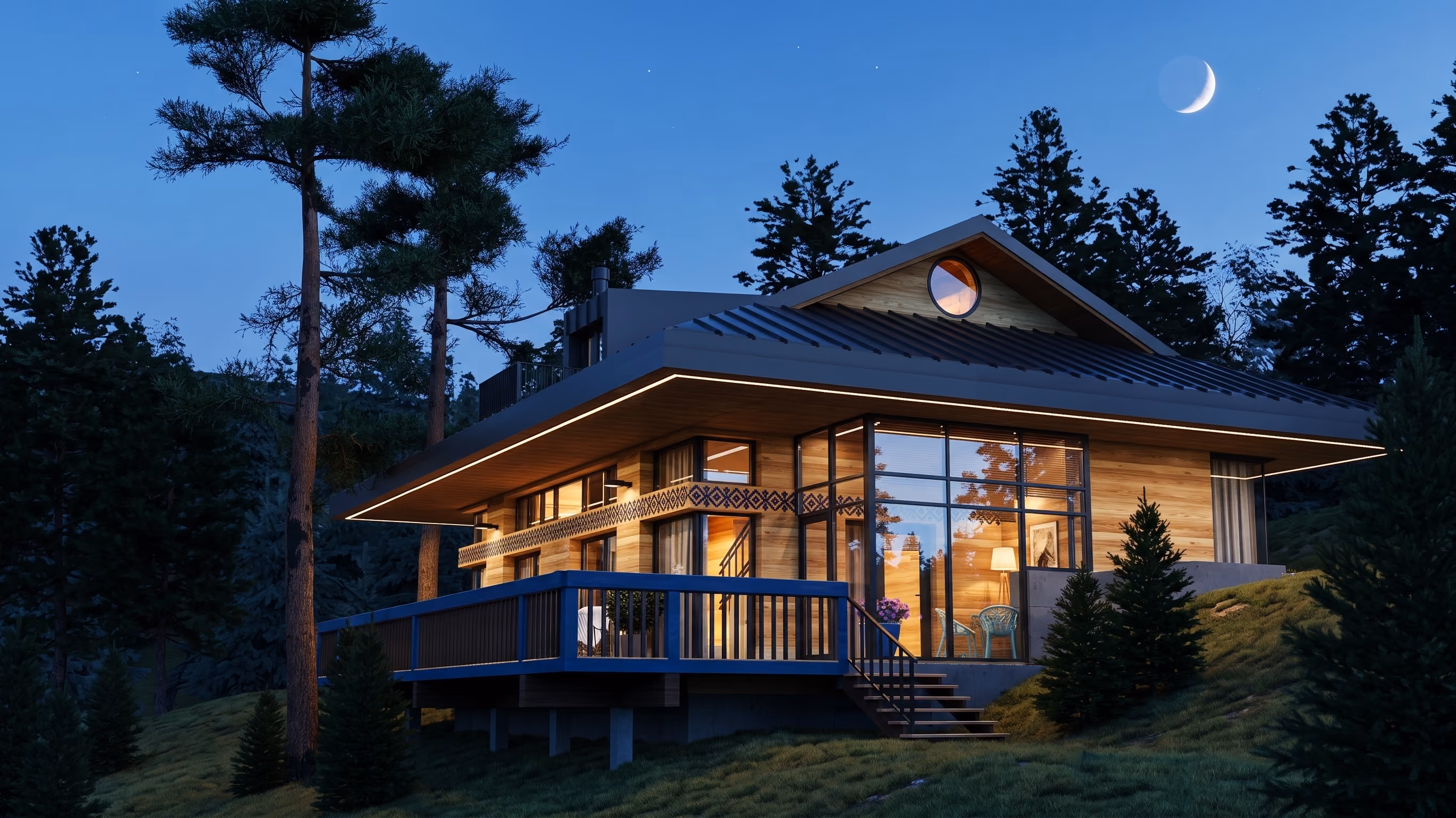 Modern glass and wood house with porch and outdoor seating under crescent moon at dusk.
