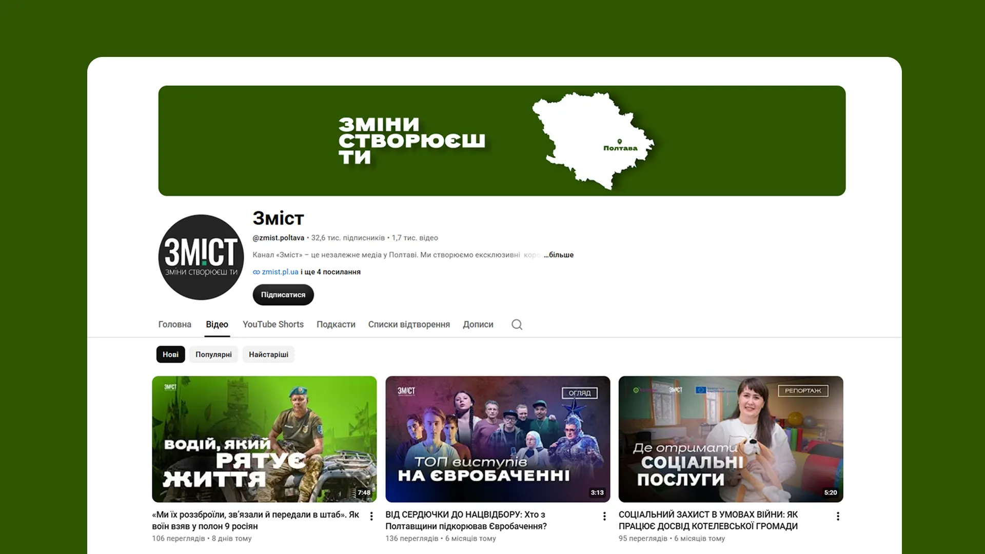 "Zmist. Poltava" Case Study: YouTube channel audit, Shorts development, SEO optimization, and growth in views and subscribers over 2 months.