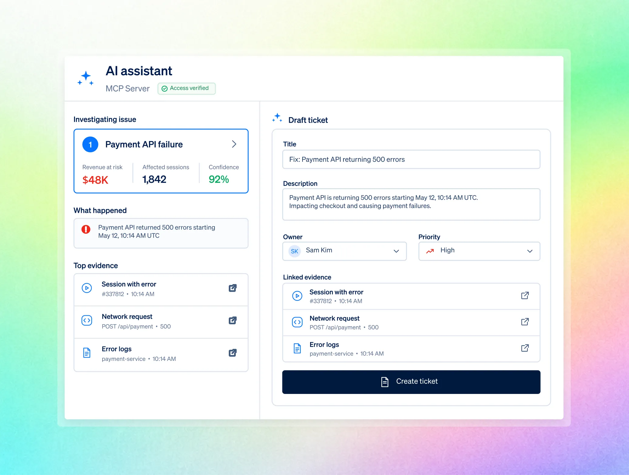 AI assistant draft ticket dashboard illustration