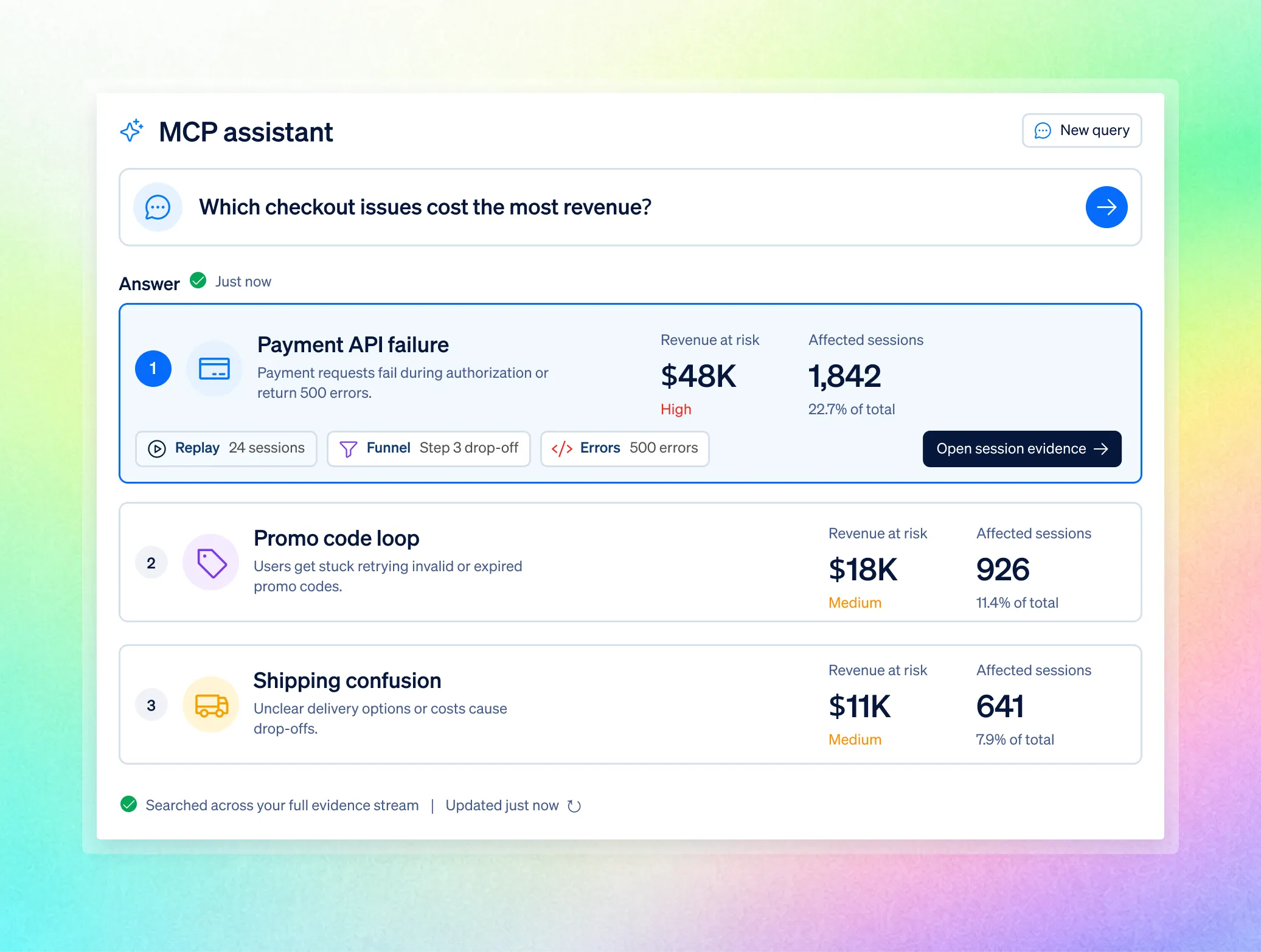 The FullSession MCP server answering a question in an AI client with the ranked sessions behind it