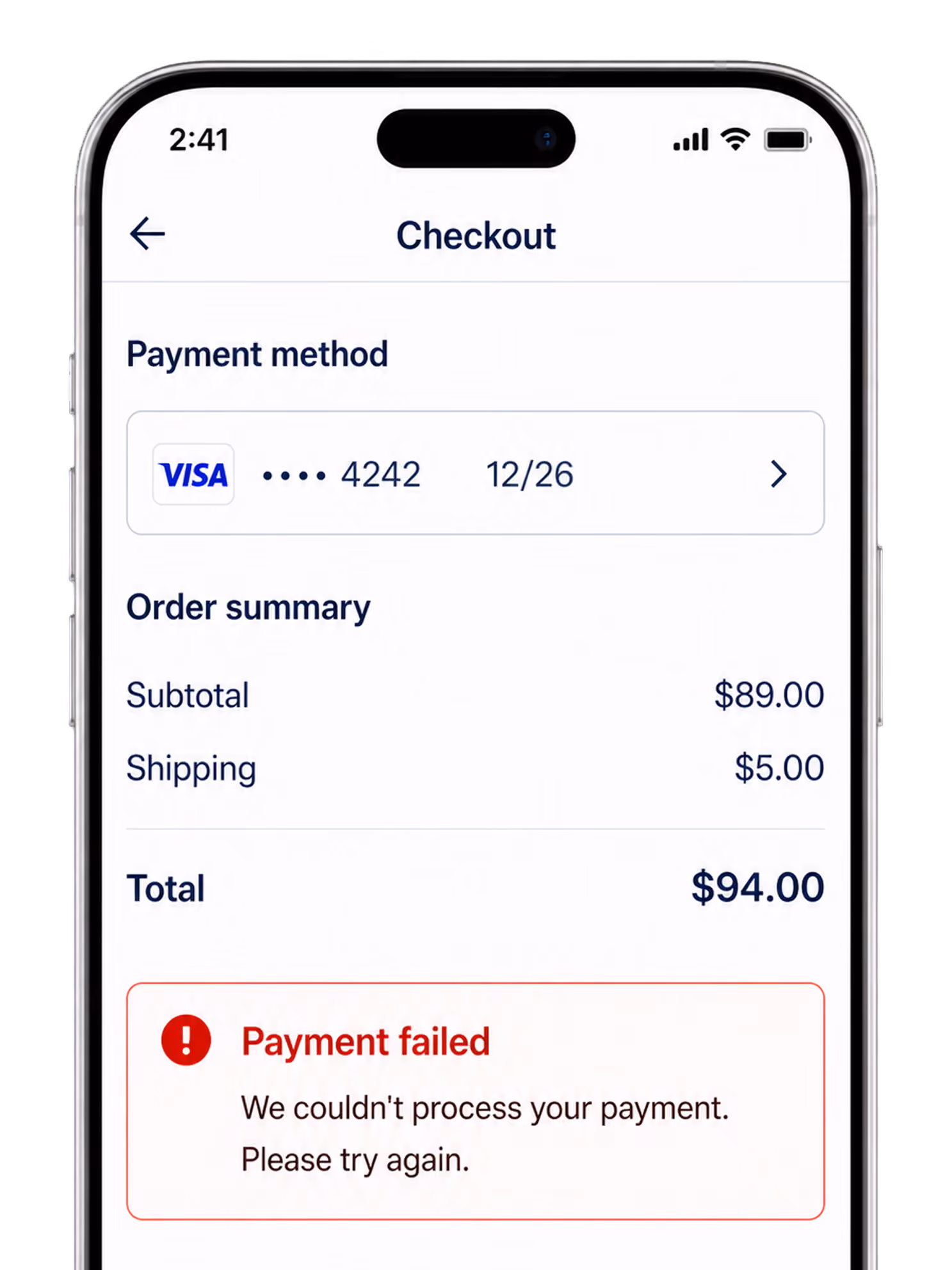 Mobile checkout screen showing a failed payment error