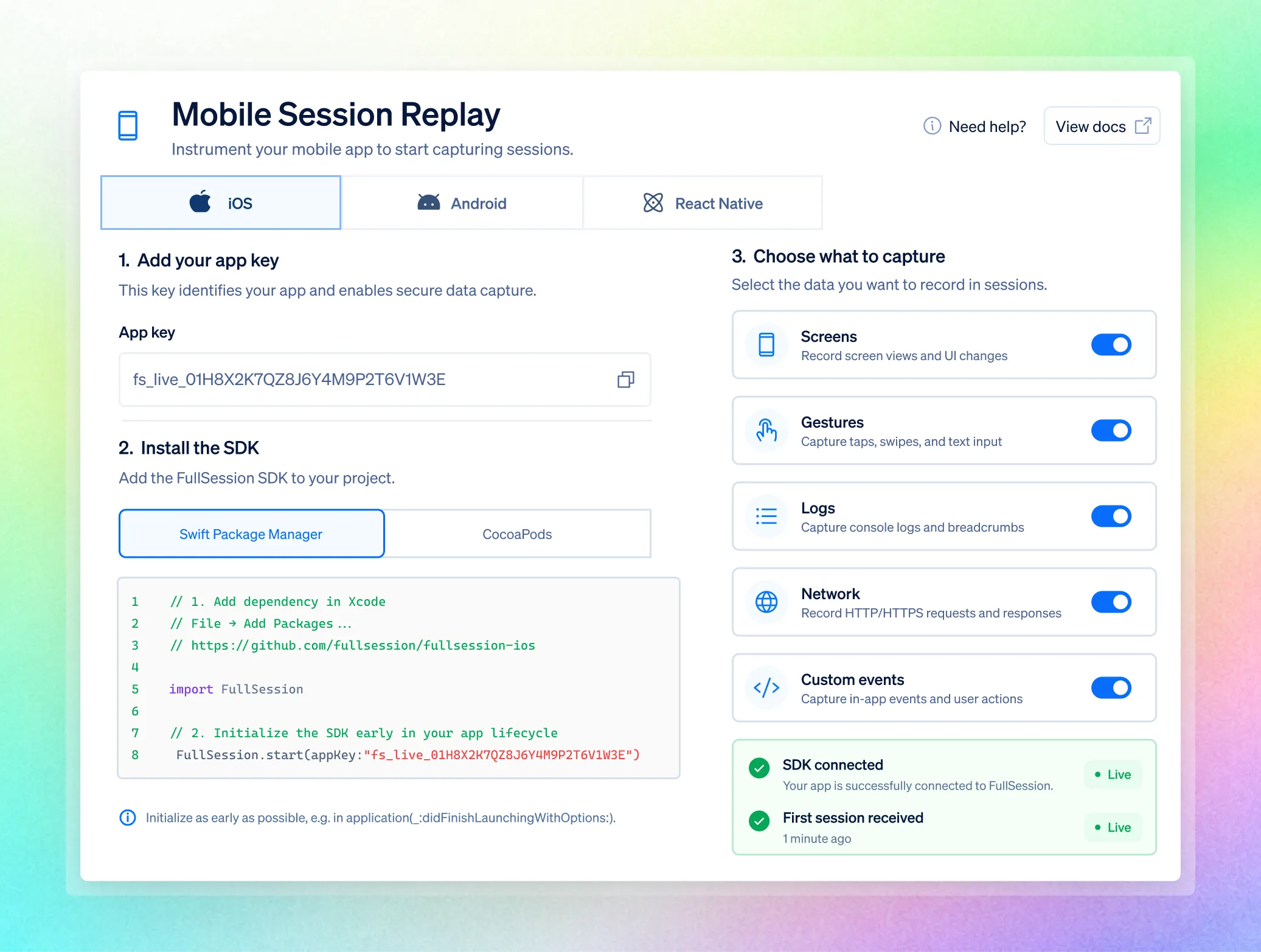 Mobile SDK setup dashboard illustration