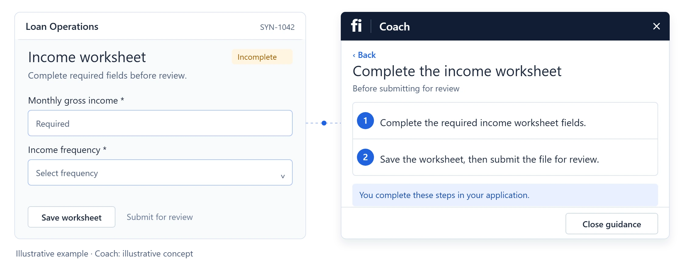 Illustrative expanded Coach guidance beside the income worksheet the employee completes.