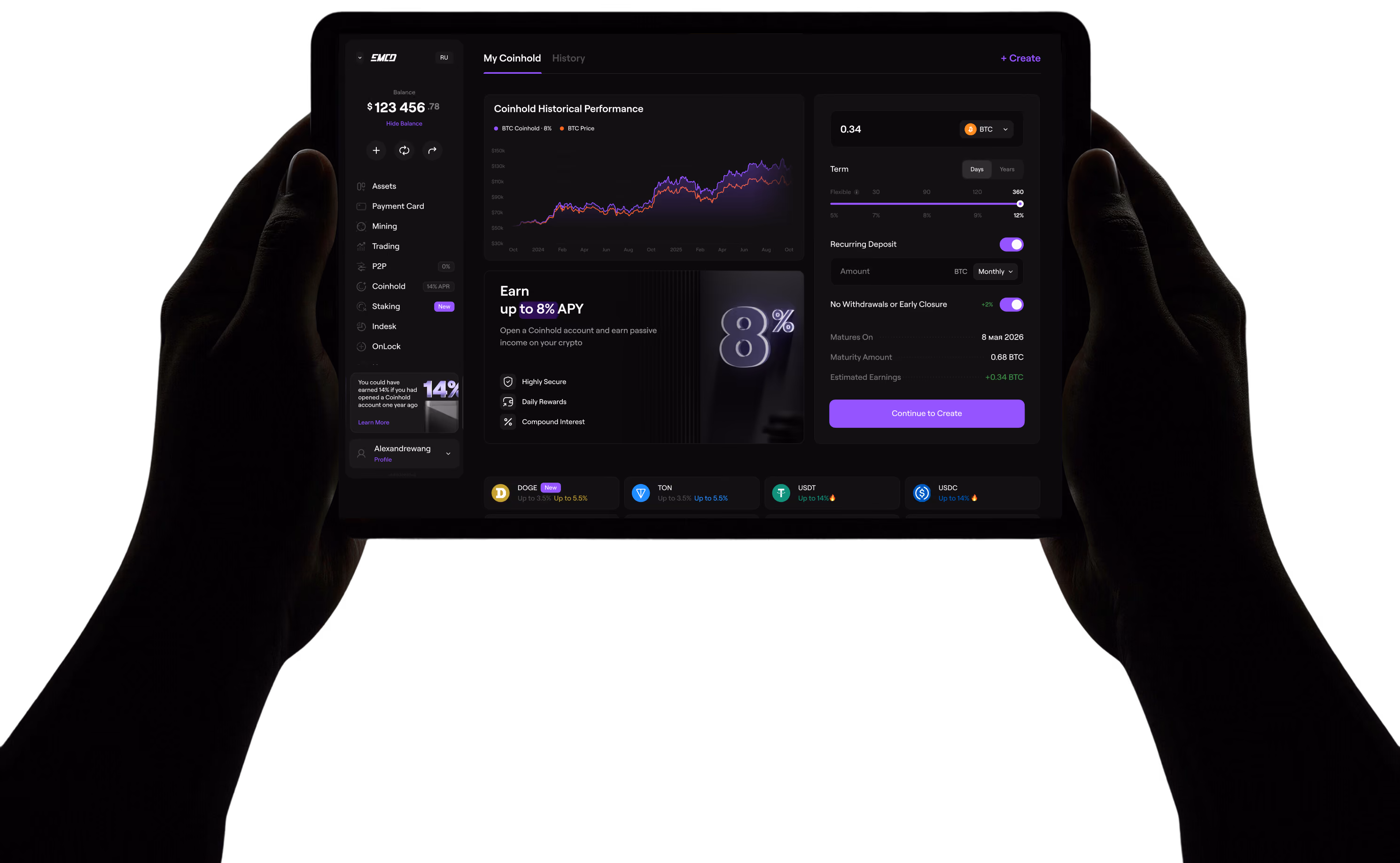 Hands holding a tablet displaying a cryptocurrency app with balance, coinhold performance, and earning options.