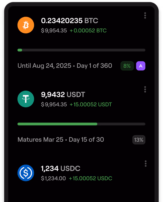 Cryptocurrency panel showing balances for Bitcoin, USDT, and USDC with values and progress bars.