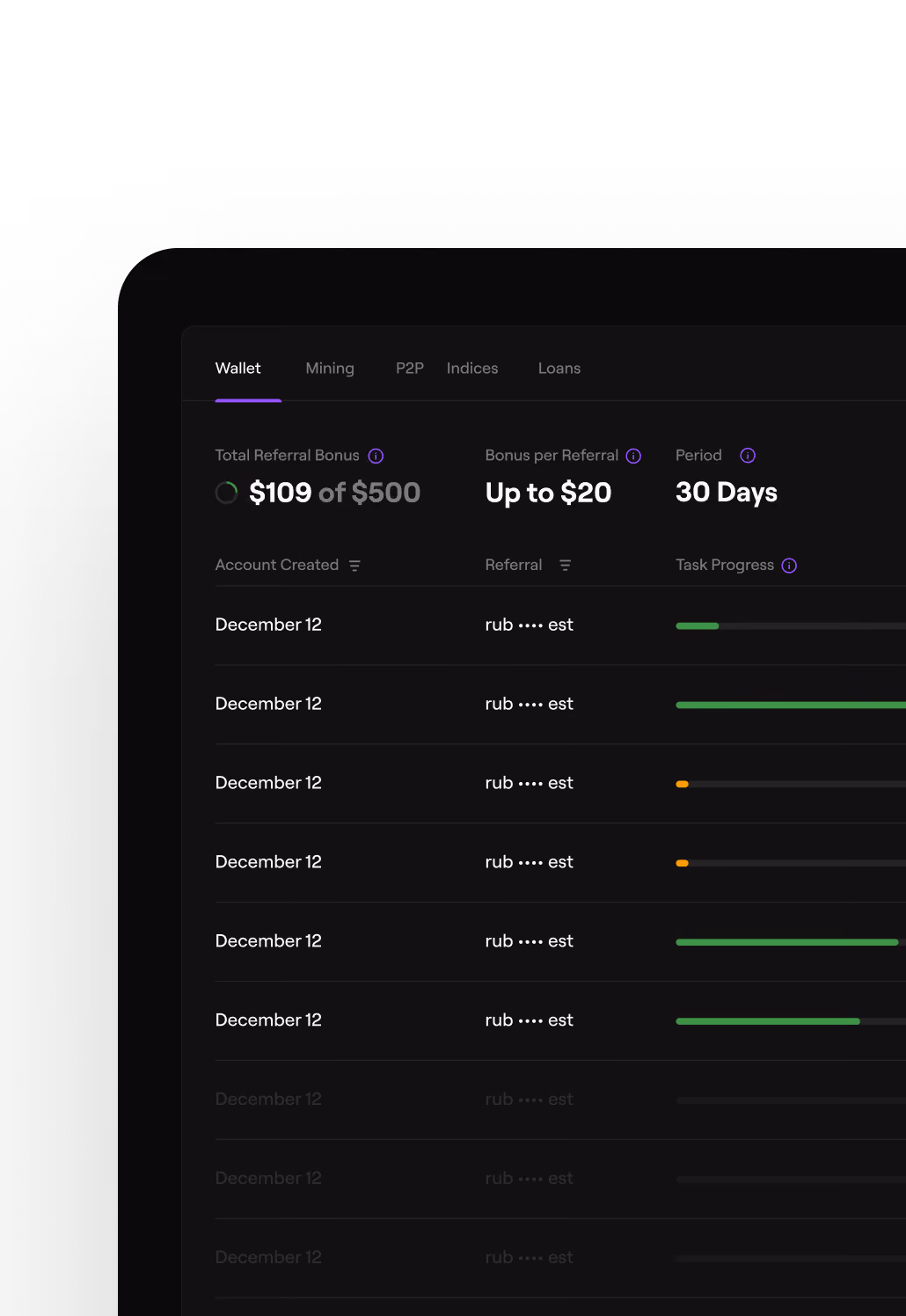 Referral bonus dashboard showing $109 of $500 earned with progress bars for tasks and referral dates on December 12.