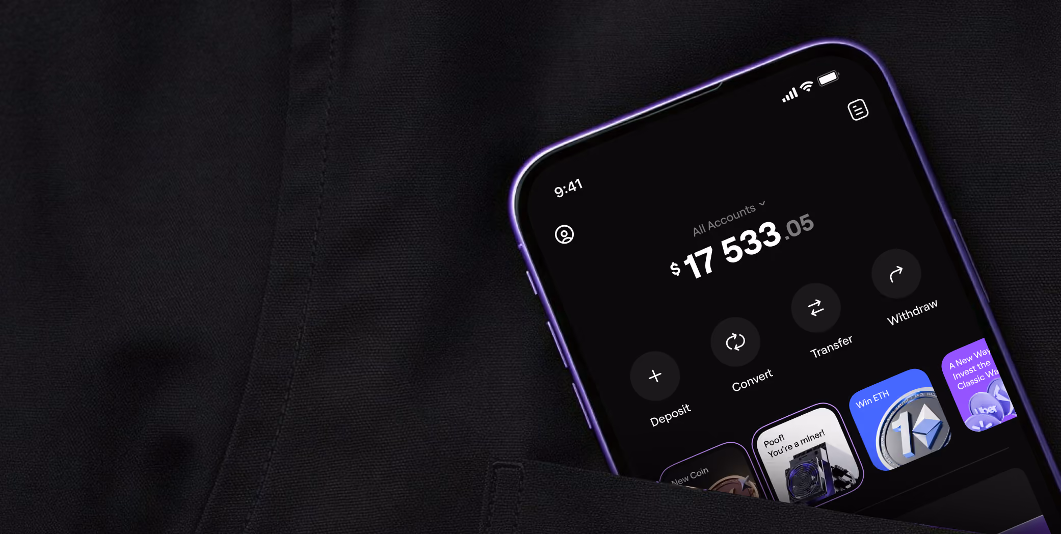 Smartphone showing cryptocurrency app with account balance of $17,533 and options to deposit, convert, transfer, withdraw.