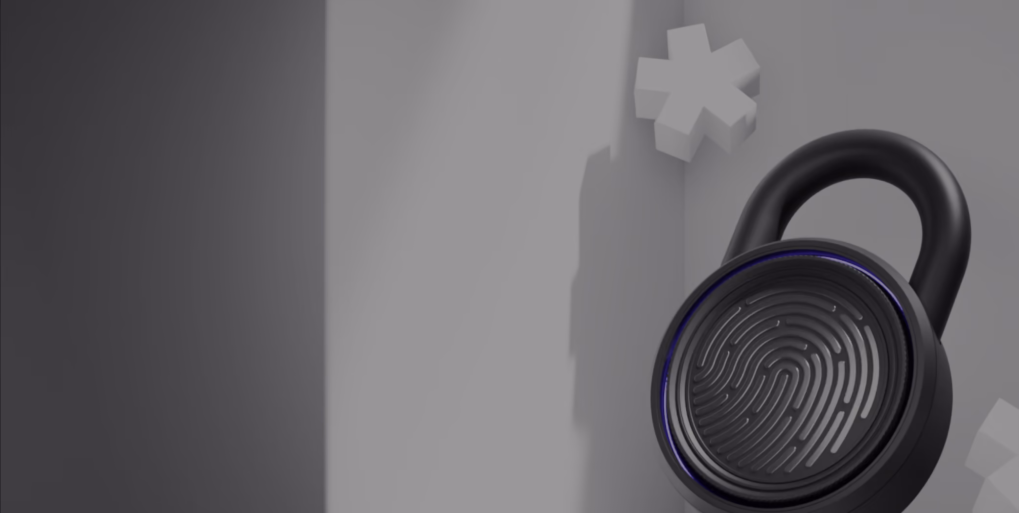 Black fingerprint padlock symbolizing biometric security on a gray background with geometric shapes.