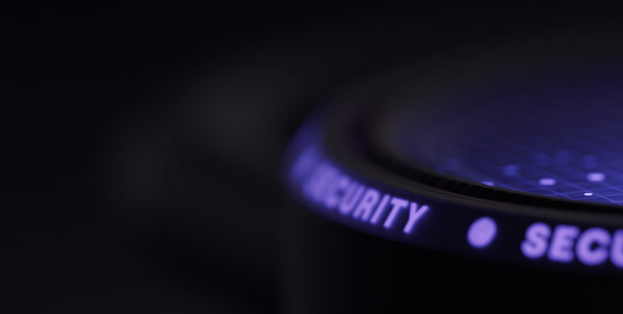 Close-up of a circular device rim glowing purple with the word SECURITY repeated on it.