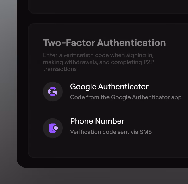 Two-Factor Authentication options showing Google Authenticator app and phone number SMS verification.