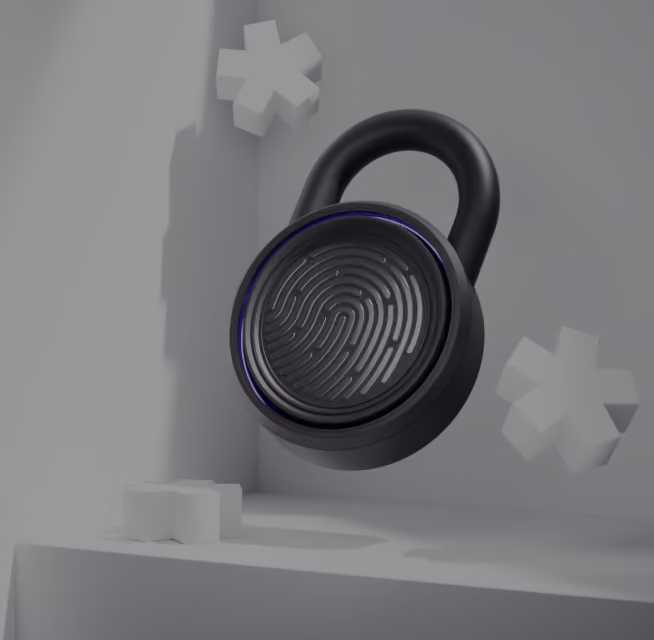 Black fingerprint lock floating against a gray background with white asterisk shapes.
