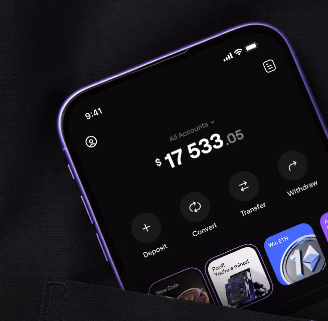 Smartphone screen showing a crypto wallet app with balance, and options to deposit, convert, transfer, withdraw.