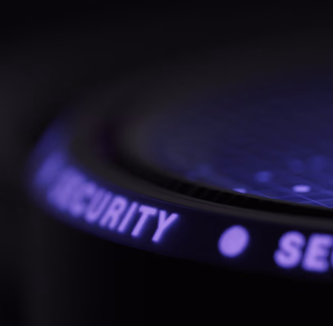 Close-up of a glowing purple ring with the word 'SECURITY' on a dark background.