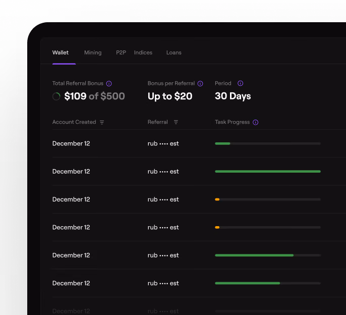 Wallet tab showing referral bonus progress: $109 of $500 earned, up to $20 per referral in 30 days.
