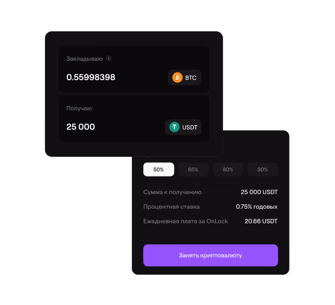 Crypto loan interface showing 0.55998398 BTC collateral, 25,000 USDT received, 0.75% APR interest, and daily 20.66 USDT fee.