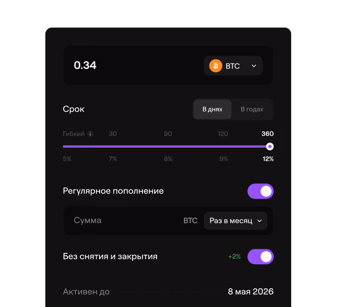 Crypto deposit calculator showing 0.34 BTC, 360-day term at 12% interest with recurring monthly deposits.
