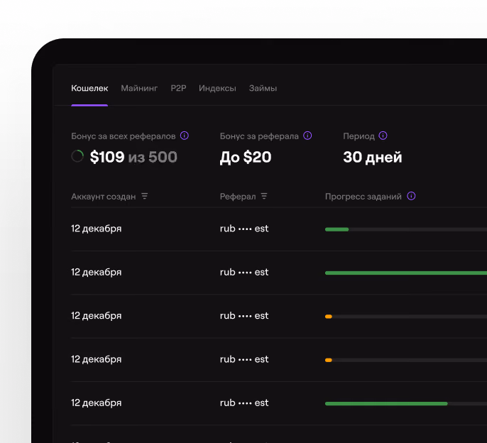 Wallet tab showing referral bonus progress: $109 of $500 earned, up to $20 per referral in 30 days.