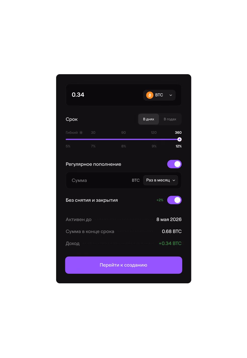 Cryptocurrency deposit interface showing 0.34 BTC, 360-day term at 12% interest, recurring monthly deposit enabled.
