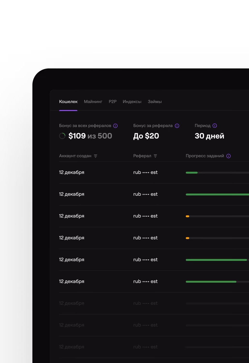 Referral bonus dashboard showing $109 of $500 earned with progress bars for tasks and referral dates on December 12.