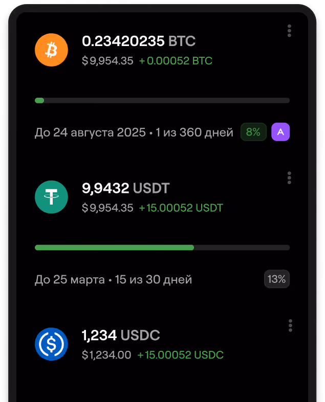 Cryptocurrency panel showing balances for Bitcoin, USDT, and USDC with values and progress bars.