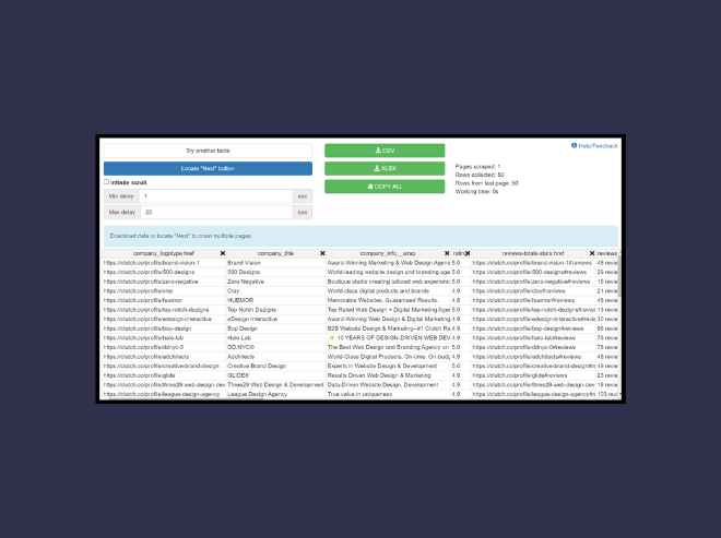 Use Instant Data Scraper to scrape B2B leads from Clutch to your system.