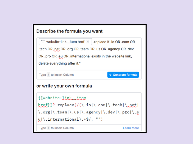 AI formula generated for scraping Clutch leads