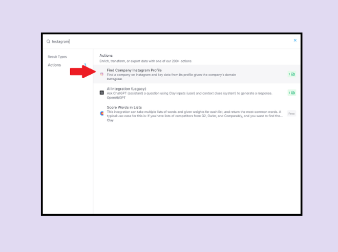 Use the enrichment option to find company Instagram profiles.