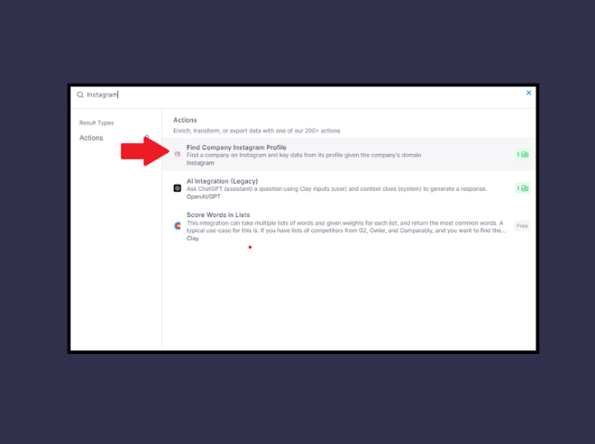 Find company Instagram profiles using the enrichment action.