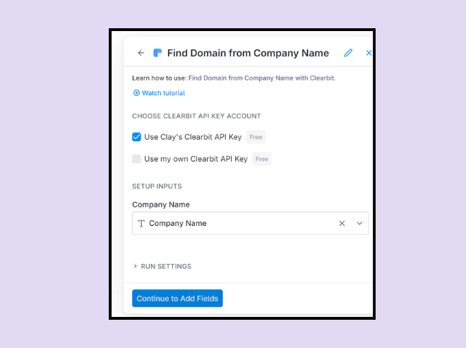 Finalize the step on Clearbit and run it for all the rows pertaining to company names