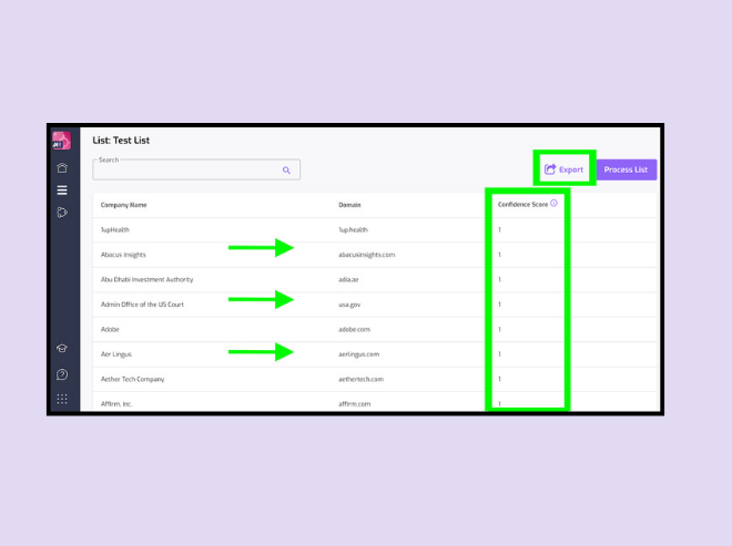 Export the sheet with site domains from company names using ProspectingAI.