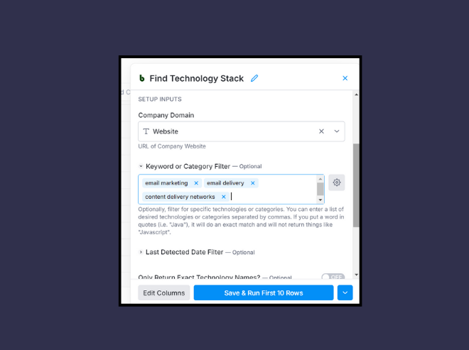 Keyword or Category filter to find relevant technographic data for outreach.