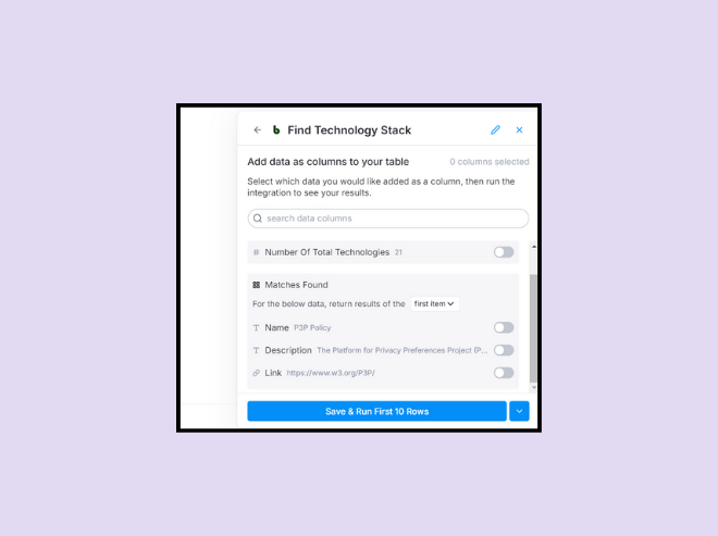 Save and Run by adding a column to the sheet which displays all the technologies found on a website.