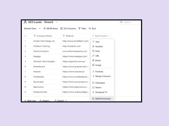 'Add Enrichment' option in Clay to automate lead generation for SEO companies.