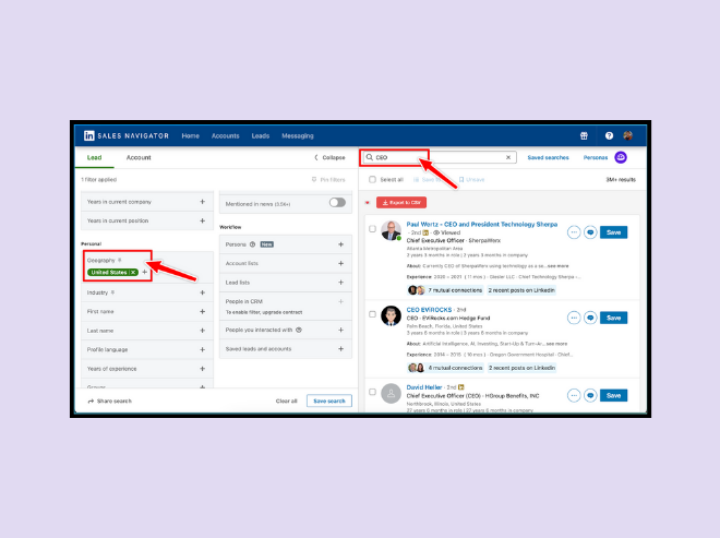 To scrape LinkedIn Sales Navigator, it's important that you know who your ICP is. Make sure to use the filters on the platform to narrow down your prospect search to a sizable but focused number.