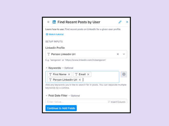 Find Recent Posts by User to generate cold email first lines.