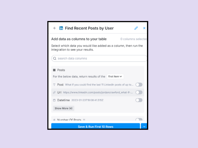 Toggle on the 'Post' option and then save and run for the first 10 rows.