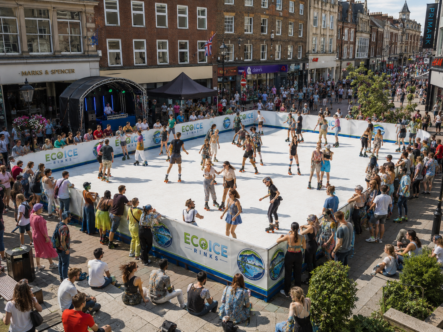 Children skating on an indoor Eco Ice rink with spectators and shops around, snowflake decorations above.