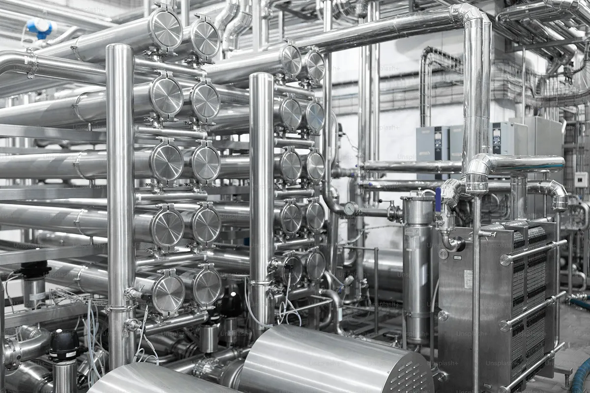 Komplexe Rohrleitungen und glänzende Edelstahlanlagen in einer Industriehalle.