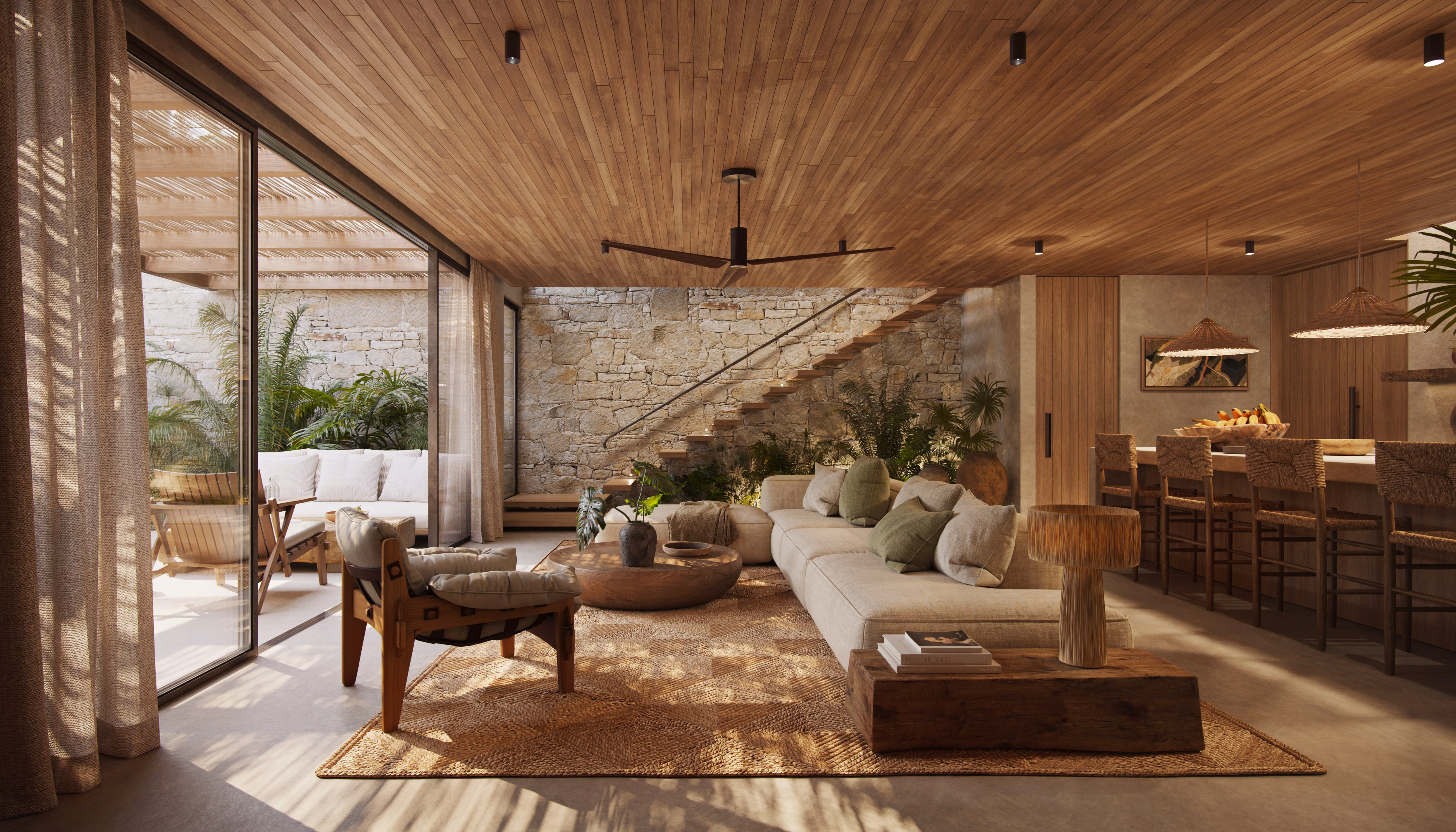 Villa Aruna open living and dining area with wooden interiors