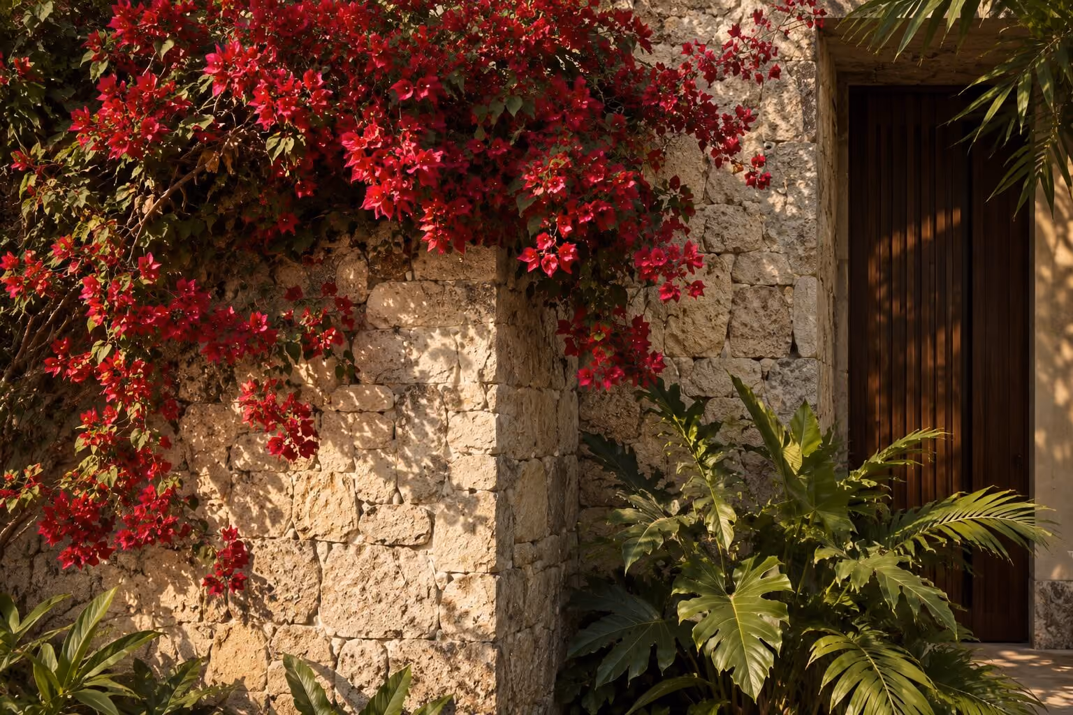 Stone wall with red bougainvillea flowers at Villa Aruna