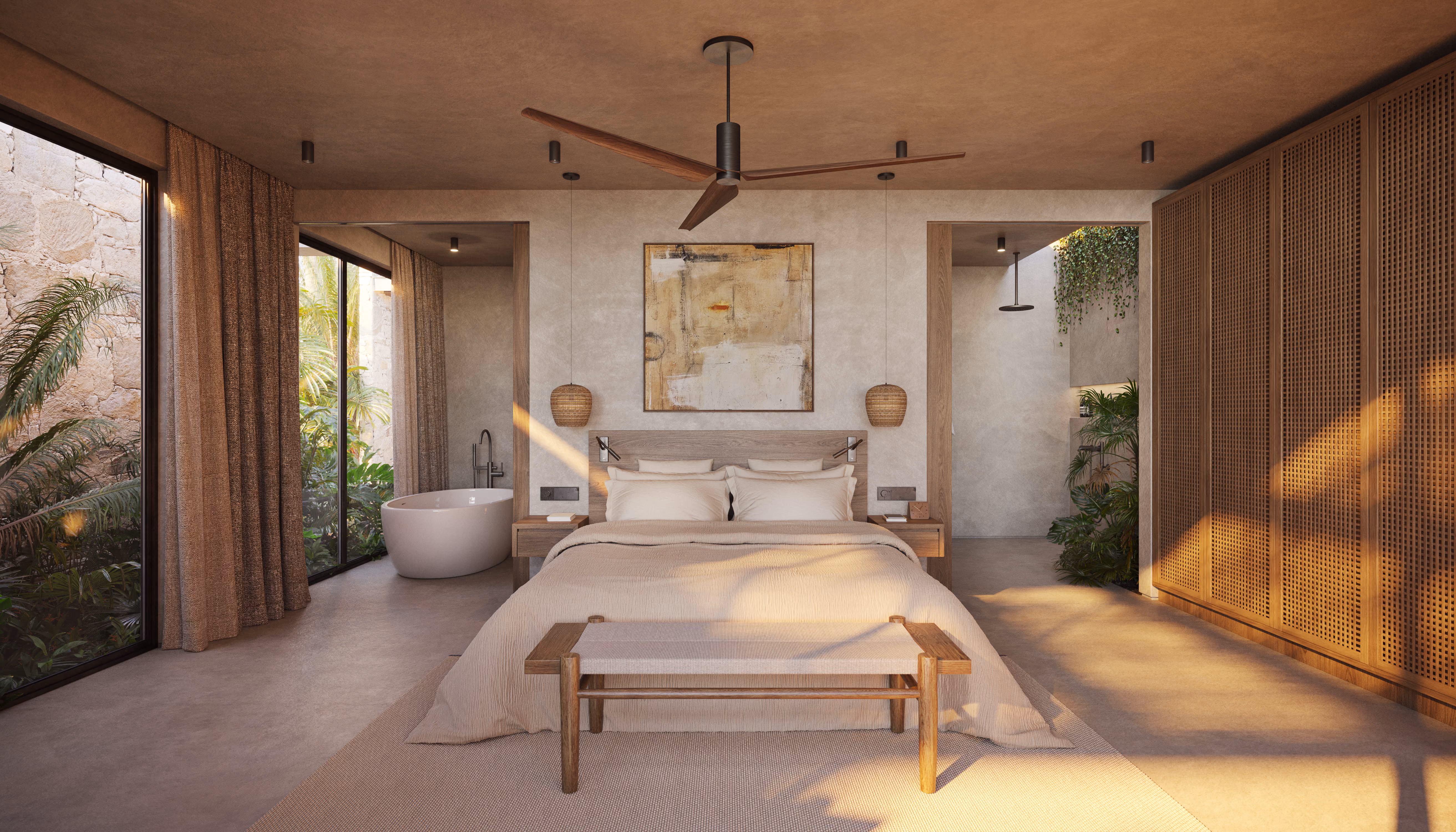 Villa Muara bedroom with wooden furnishings and natural light