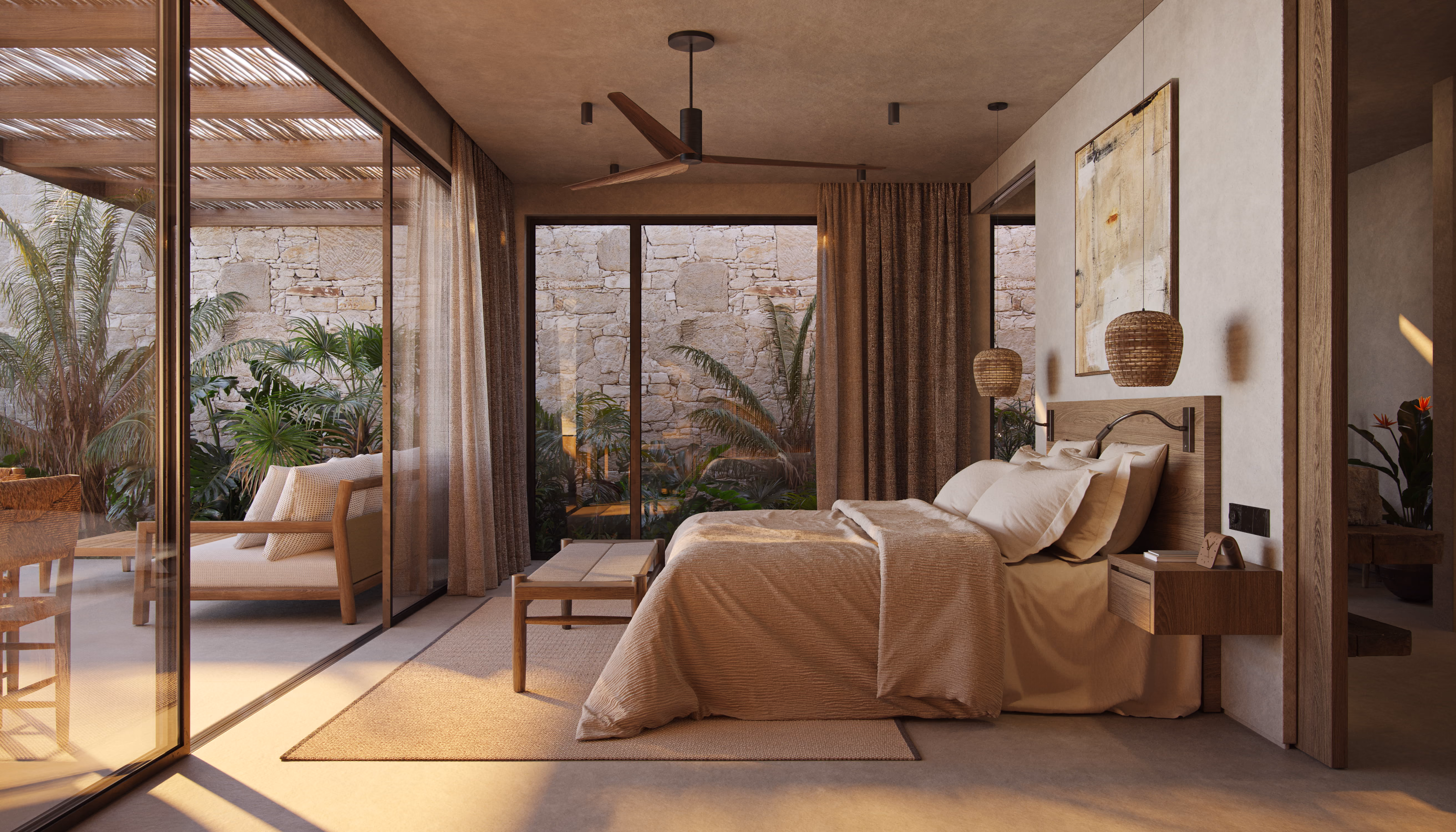 Villa Muara bedroom with sliding doors opening to outdoor terrace